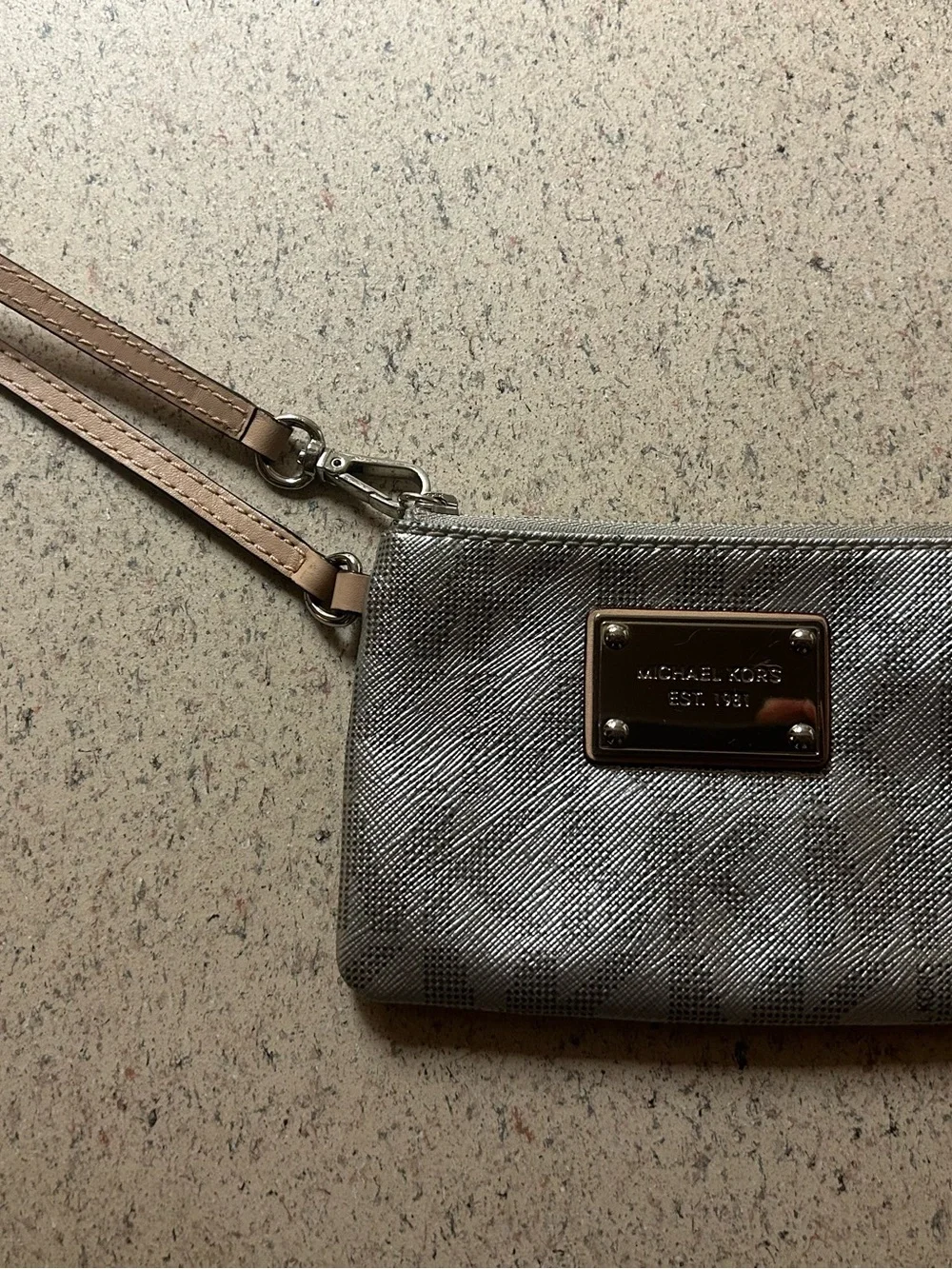 Michael Kors Metallic Silver MK Logo Zip Wristlet with Beige Strap